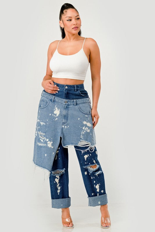 Plus Size Trendy Streetwear Double-Layer Destroyed Denim Jeans - Xtreme Shopper