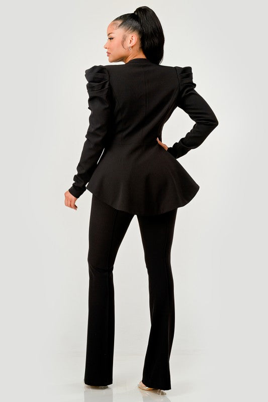 Trendy Ruched Shoulder Wide Collar Pant Set - Xtreme Shopper