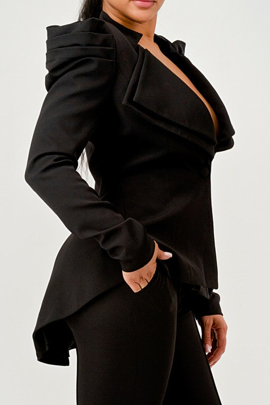 Trendy Ruched Shoulder Wide Collar Pant Set - Xtreme Shopper