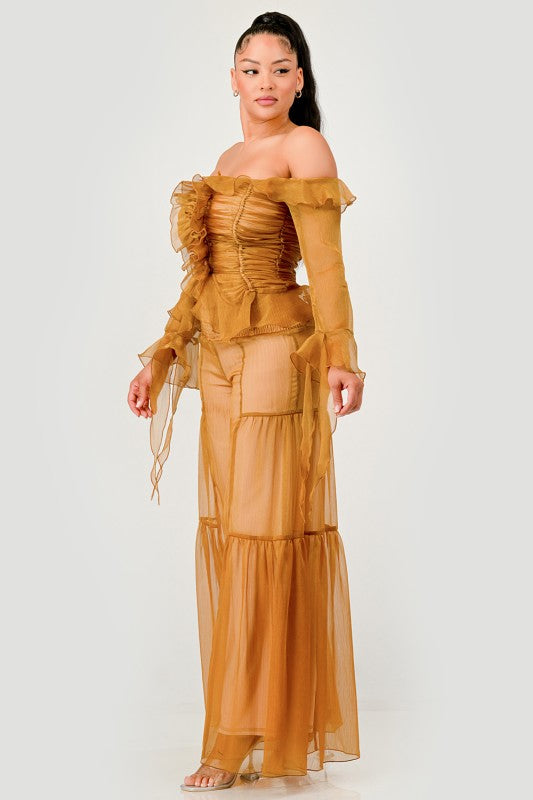 Trendy Clubwear Sheer Off-Shoulder Ruffle and Wide Leg Pants Set - Xtreme Shopper