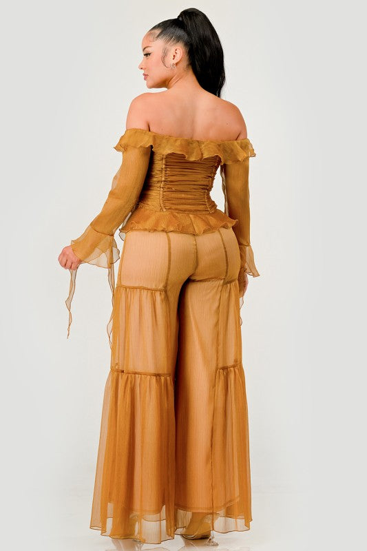 Trendy Clubwear Sheer Off-Shoulder Ruffle and Wide Leg Pants Set - Xtreme Shopper