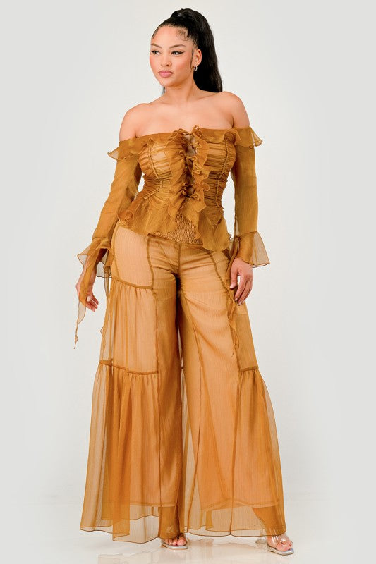 Trendy Clubwear Sheer Off-Shoulder Ruffle and Wide Leg Pants Set - Xtreme Shopper