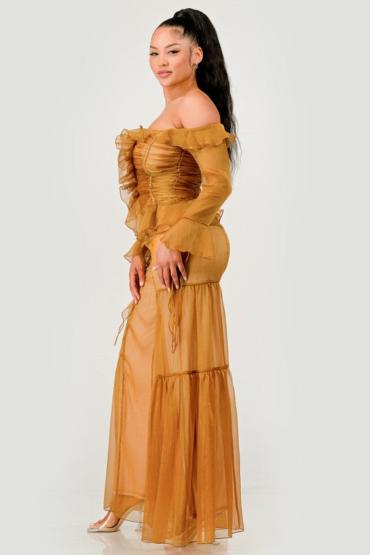 Trendy Clubwear Sheer Off-Shoulder Ruffle and Wide Leg Pants Set - Xtreme Shopper