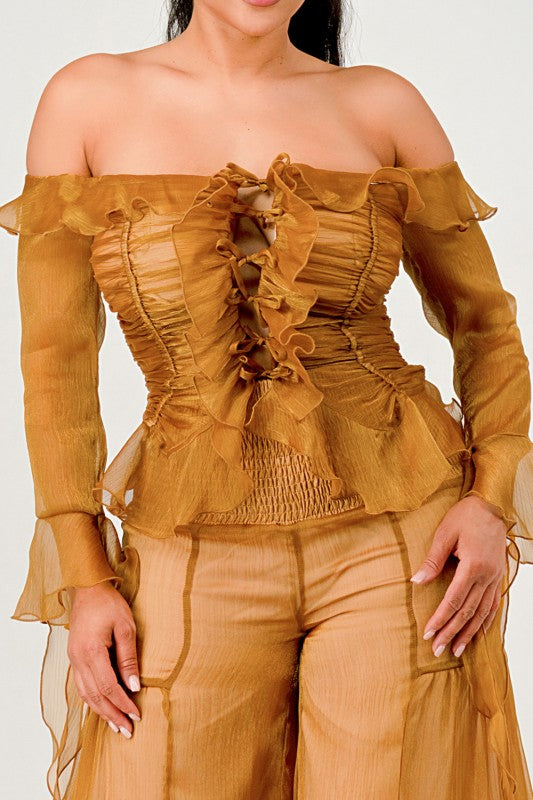 Trendy Clubwear Sheer Off-Shoulder Ruffle and Wide Leg Pants Set - Xtreme Shopper
