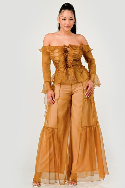 Trendy Clubwear Sheer Off-Shoulder Ruffle and Wide Leg Pants Set - Xtreme Shopper