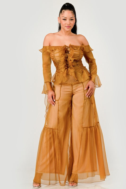 Trendy Clubwear Sheer Off-Shoulder Ruffle and Wide Leg Pants Set - Xtreme Shopper