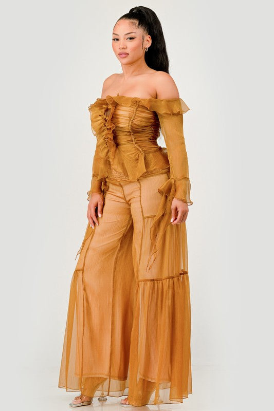 Trendy Clubwear Sheer Off-Shoulder Ruffle and Wide Leg Pants Set - Xtreme Shopper