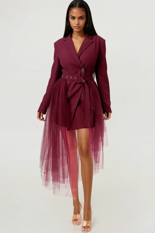 Plus Size Tulle Overlay Belted Blazer Dress - Xtreme Shopper