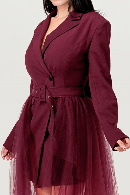Plus Size Tulle Overlay Belted Blazer Dress - Xtreme Shopper