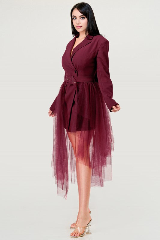 Plus Size Tulle Overlay Belted Blazer Dress - Xtreme Shopper