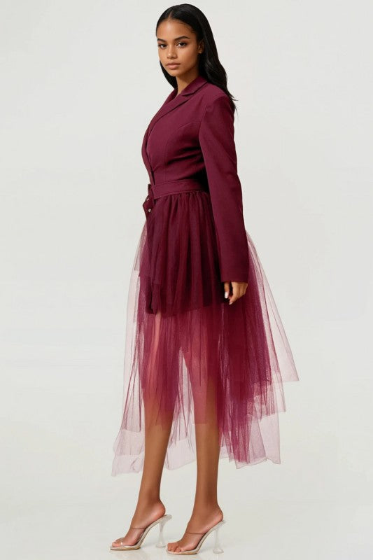 Plus Size Tulle Overlay Belted Blazer Dress - Xtreme Shopper