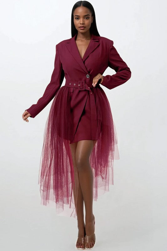Plus Size Tulle Overlay Belted Blazer Dress - Xtreme Shopper
