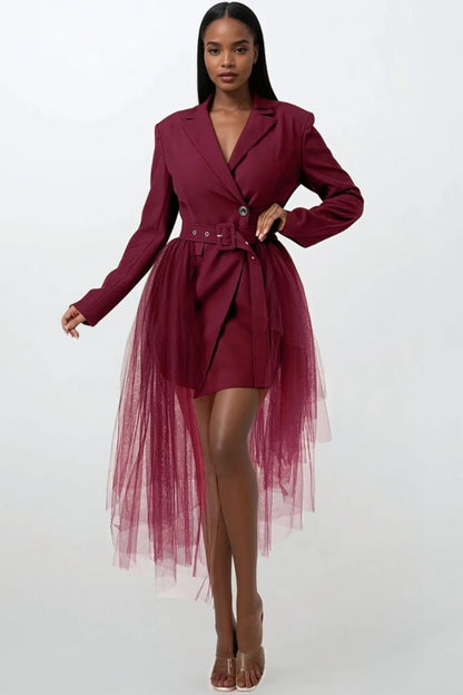 Plus Size Tulle Overlay Belted Blazer Dress - Xtreme Shopper