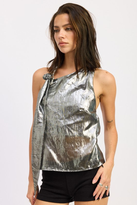 Trendy Silver Metallic One Shoulder Backless Party Blouse - Xtreme Shopper