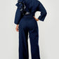 Trendy Dark Denim Ruffle Shoulder Plunging Neckline Wide Leg Jumpsuit - Xtreme Shopper