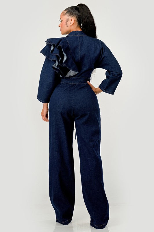 Trendy Dark Denim Ruffle Shoulder Plunging Neckline Wide Leg Jumpsuit - Xtreme Shopper