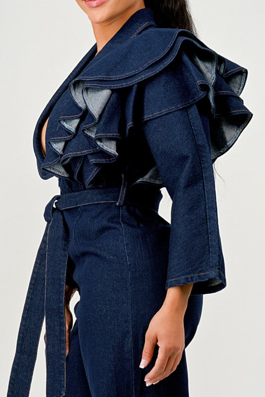 Trendy Dark Denim Ruffle Shoulder Plunging Neckline Wide Leg Jumpsuit - Xtreme Shopper