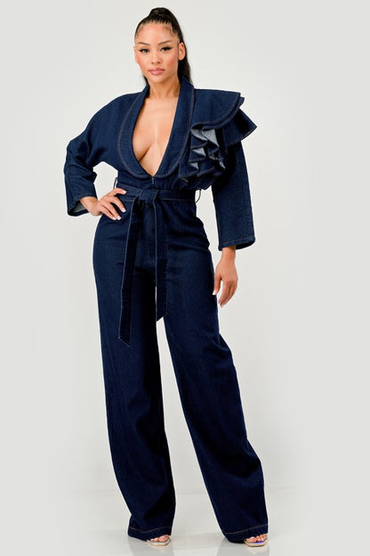 Trendy Dark Denim Ruffle Shoulder Plunging Neckline Wide Leg Jumpsuit - Xtreme Shopper