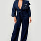 Trendy Dark Denim Ruffle Shoulder Plunging Neckline Wide Leg Jumpsuit - Xtreme Shopper