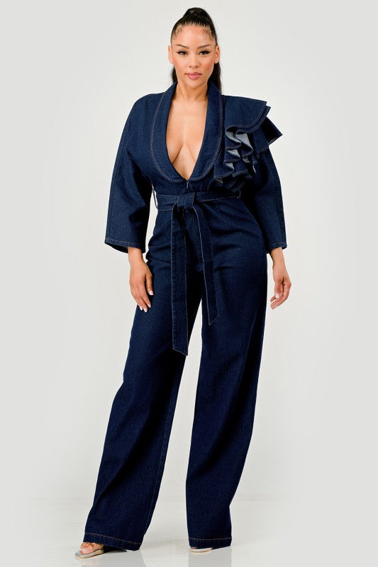 Trendy Dark Denim Ruffle Shoulder Plunging Neckline Wide Leg Jumpsuit - Xtreme Shopper