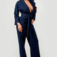 Trendy Dark Denim Ruffle Shoulder Plunging Neckline Wide Leg Jumpsuit - Xtreme Shopper