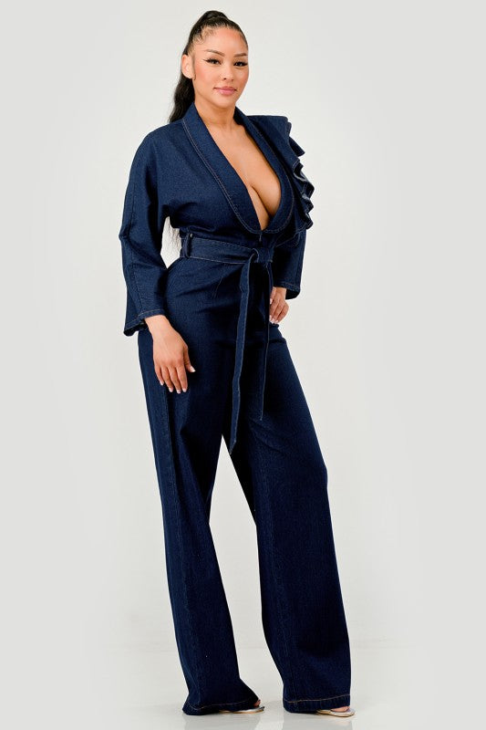 Trendy Dark Denim Ruffle Shoulder Plunging Neckline Wide Leg Jumpsuit - Xtreme Shopper