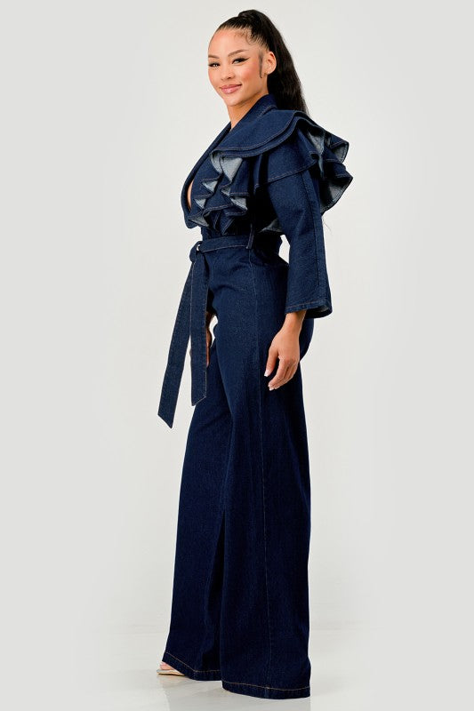 Trendy Dark Denim Ruffle Shoulder Plunging Neckline Wide Leg Jumpsuit - Xtreme Shopper