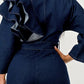Trendy Dark Denim Ruffle Shoulder Plunging Neckline Wide Leg Jumpsuit - Xtreme Shopper