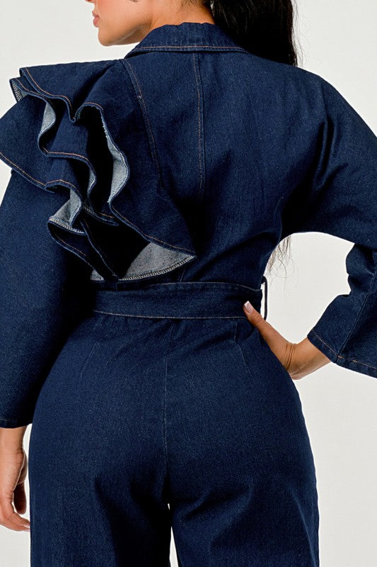 Trendy Dark Denim Ruffle Shoulder Plunging Neckline Wide Leg Jumpsuit - Xtreme Shopper
