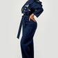 Trendy Dark Denim Ruffle Shoulder Plunging Neckline Wide Leg Jumpsuit - Xtreme Shopper