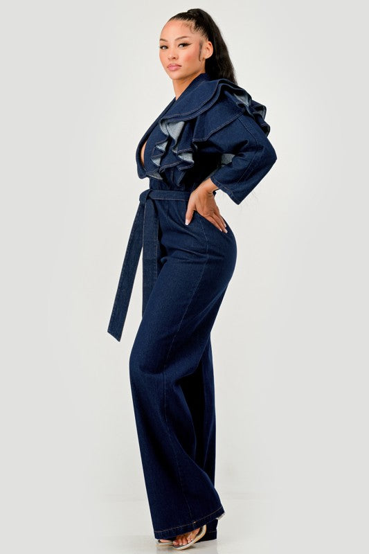 Trendy Dark Denim Ruffle Shoulder Plunging Neckline Wide Leg Jumpsuit - Xtreme Shopper