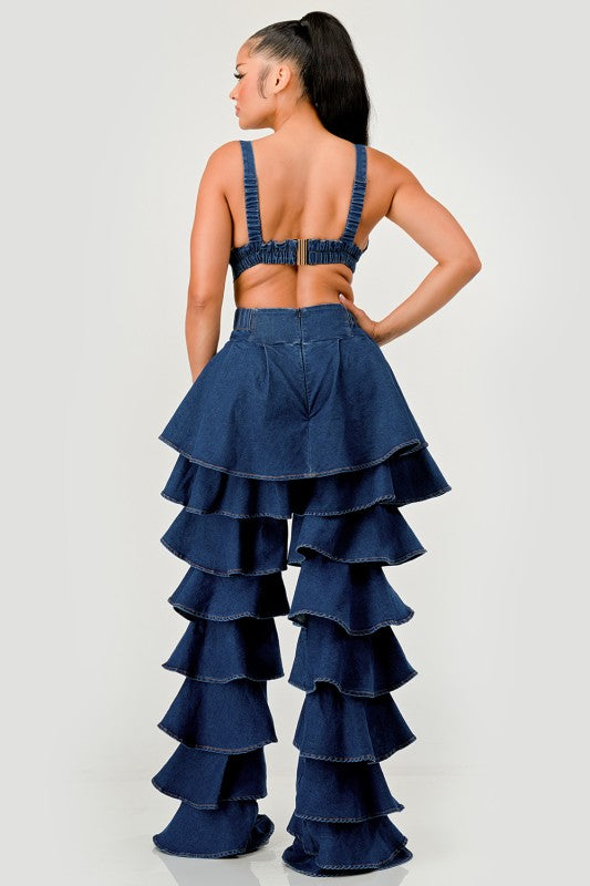Trendy Clubwear Denim Ruffled Wide Leg Pant Two-Piece Set - Xtreme Shopper