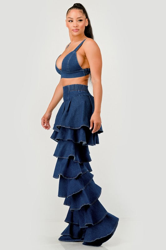 Trendy Clubwear Denim Ruffled Wide Leg Pant Two-Piece Set - Xtreme Shopper