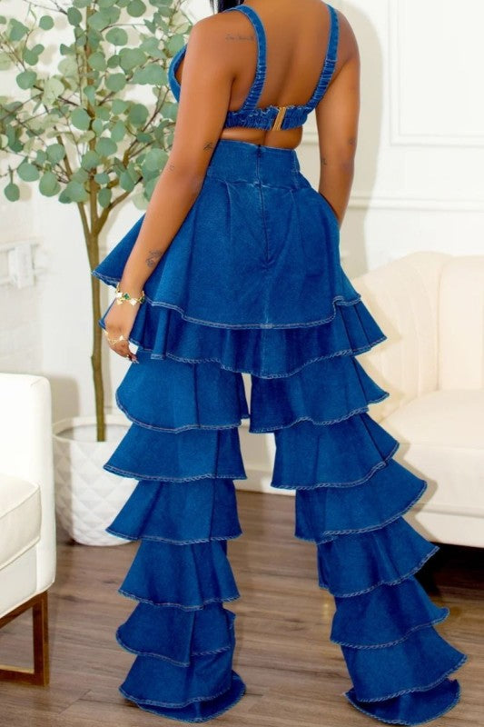 Trendy Clubwear Denim Ruffled Wide Leg Pant Two-Piece Set - Xtreme Shopper