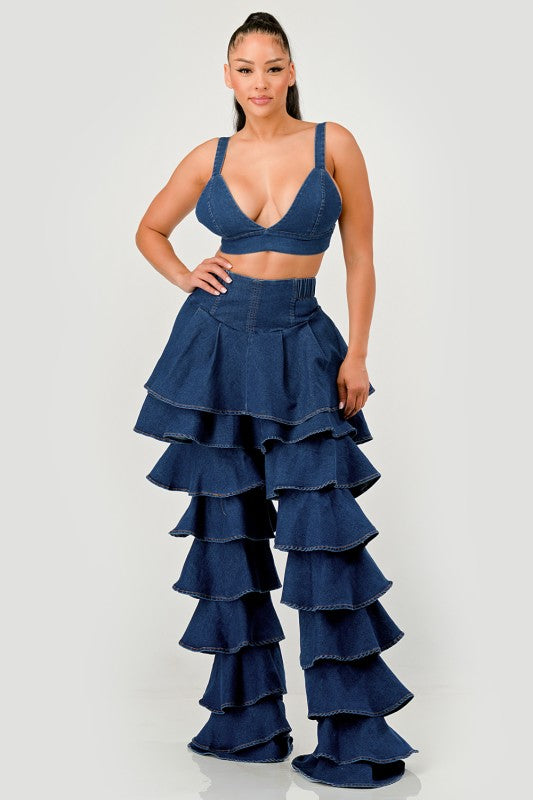 Trendy Clubwear Denim Ruffled Wide Leg Pant Two-Piece Set - Xtreme Shopper