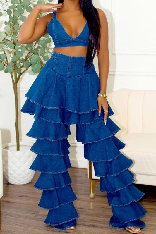 Trendy Clubwear Denim Ruffled Wide Leg Pant Two-Piece Set - Xtreme Shopper