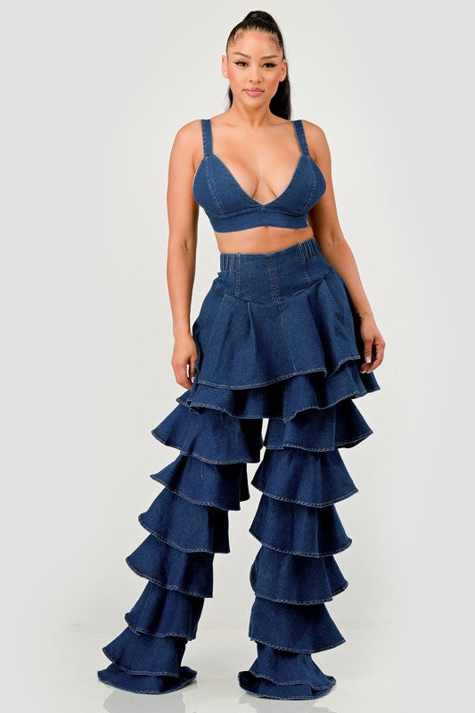 Trendy Clubwear Denim Ruffled Wide Leg Pant Two-Piece Set - Xtreme Shopper
