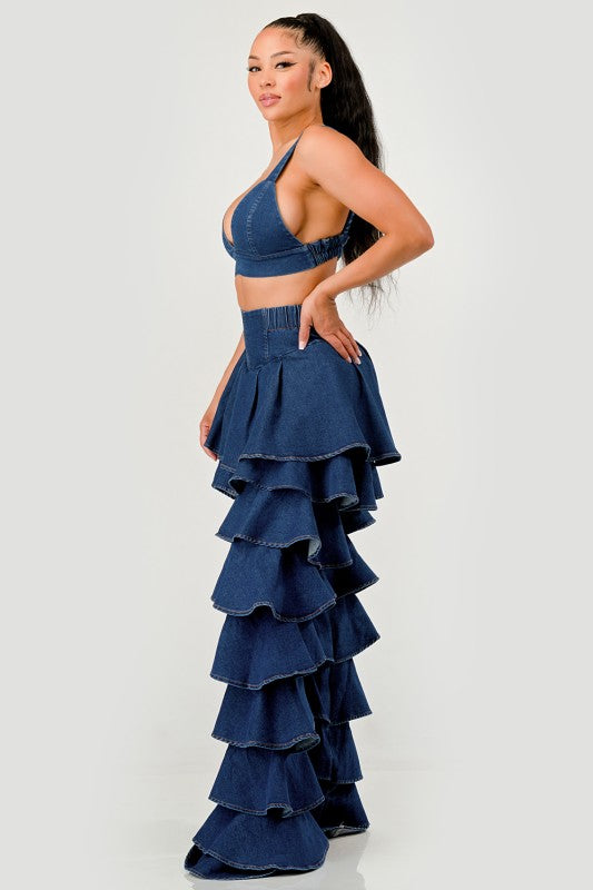 Trendy Clubwear Denim Ruffled Wide Leg Pant Two-Piece Set - Xtreme Shopper