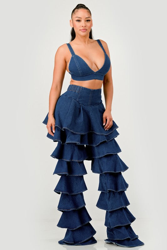 Trendy Clubwear Denim Ruffled Wide Leg Pant Two-Piece Set - Xtreme Shopper