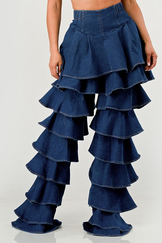 Trendy Clubwear Denim Ruffled Wide Leg Pant Two-Piece Set - Xtreme Shopper