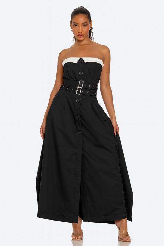 Trendy Strapless Belted Trench Maxi Dress