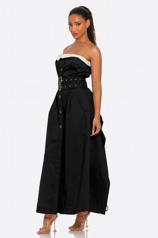 Trendy Strapless Belted Trench Maxi Dress