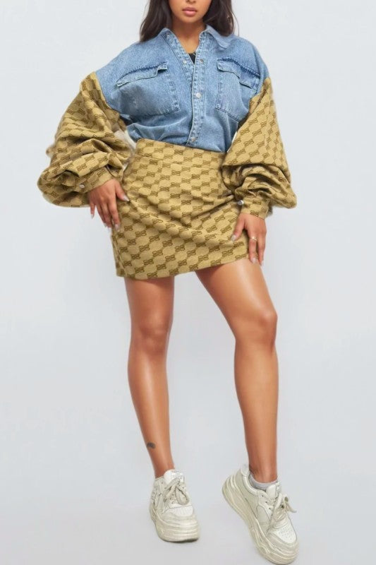 Trendy Denim & Monogram Puff Sleeve Top and Mini Skirt Two-Piece Set - Xtreme Shopper