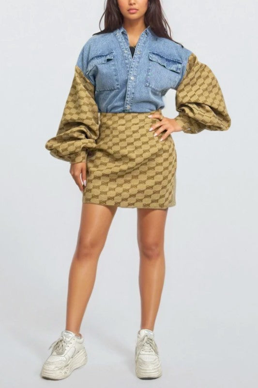 Plus Size Trendy Denim & Monogram Puff Sleeve Top and Mini Skirt Two-Piece Set - Xtreme Shopper