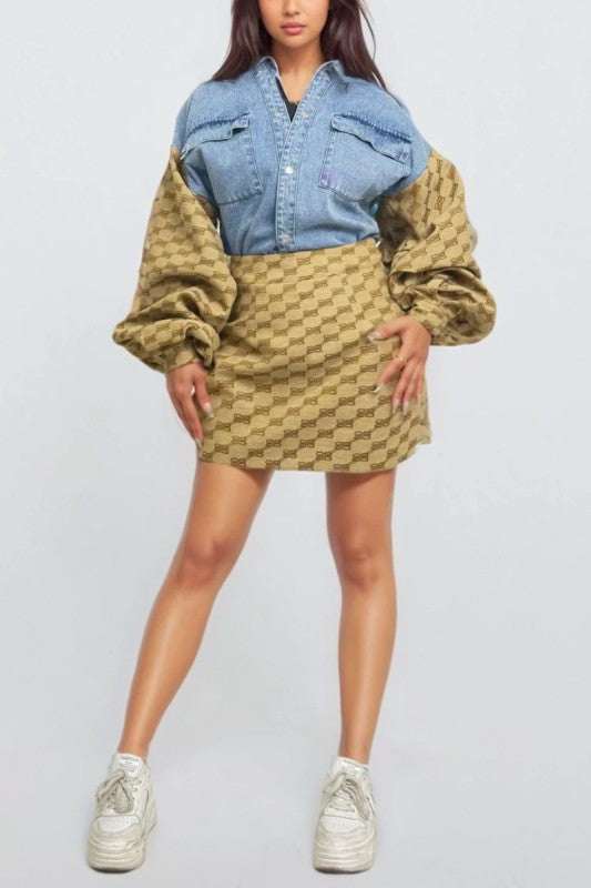Trendy Denim & Monogram Puff Sleeve Top and Mini Skirt Two-Piece Set - Xtreme Shopper