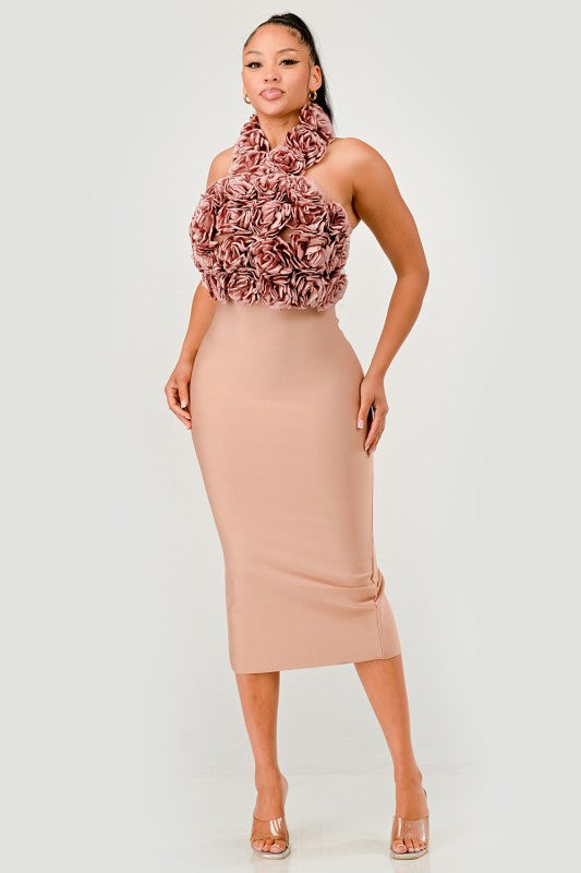 Rose Applique Halter Midi Evening Party Dress - Xtreme Shopper