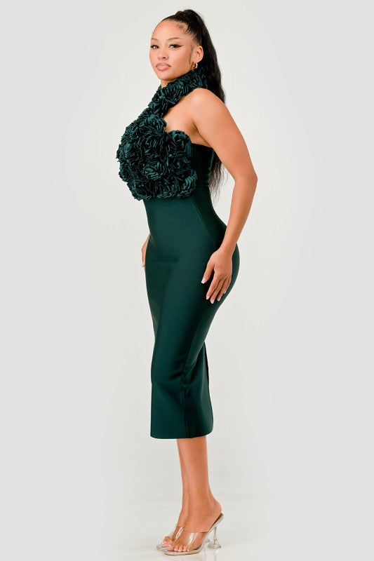 Rose Applique Halter Midi Evening Party Dress - Xtreme Shopper