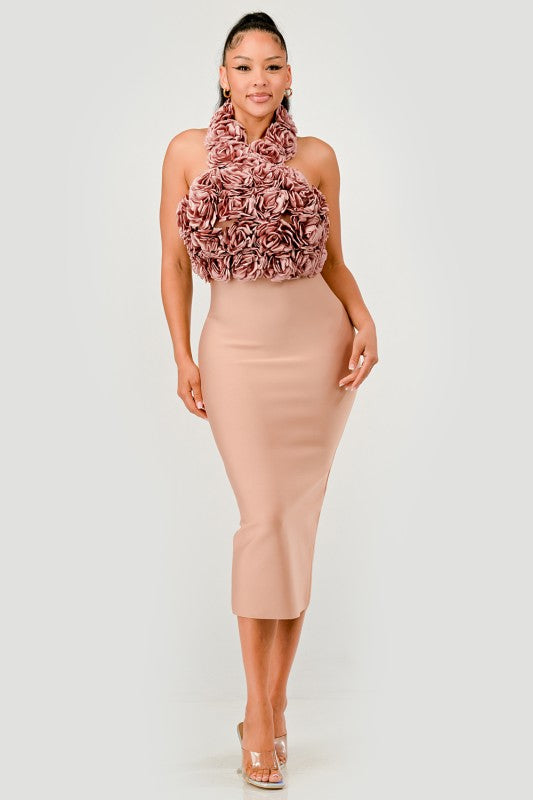 Rose Applique Halter Midi Evening Party Dress - Xtreme Shopper