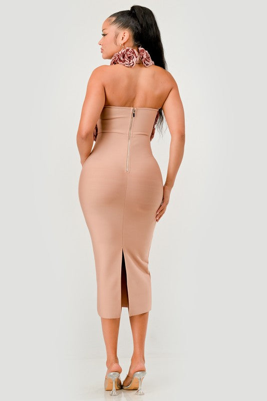 Rose Applique Halter Midi Evening Party Dress - Xtreme Shopper