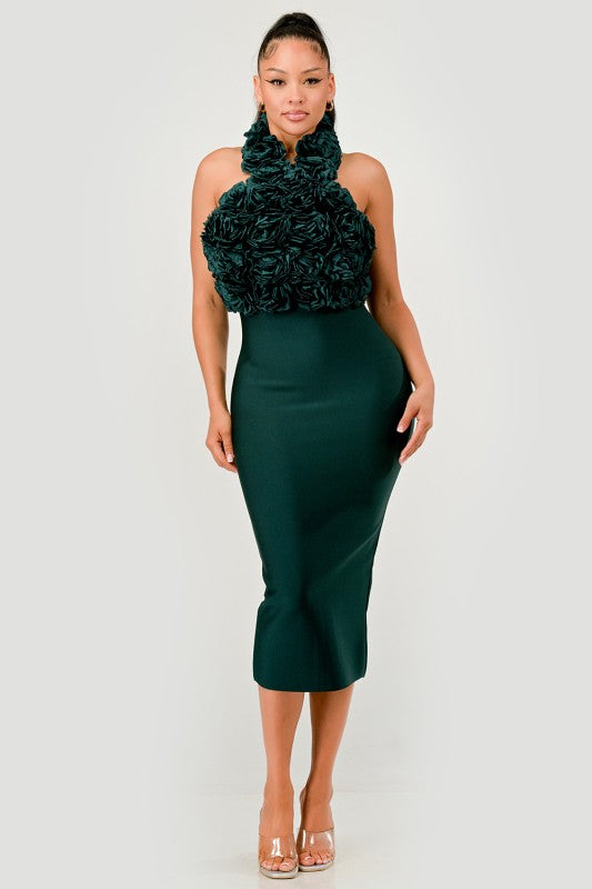 Rose Applique Halter Midi Evening Party Dress - Xtreme Shopper